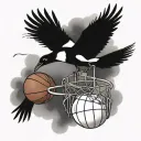 a magpie is dunking a basketball. the magpie represents collingwood.  tattoo design idea