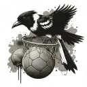 a magpie is dunking a basketball. the magpie represents collingwood.  tattoo design idea