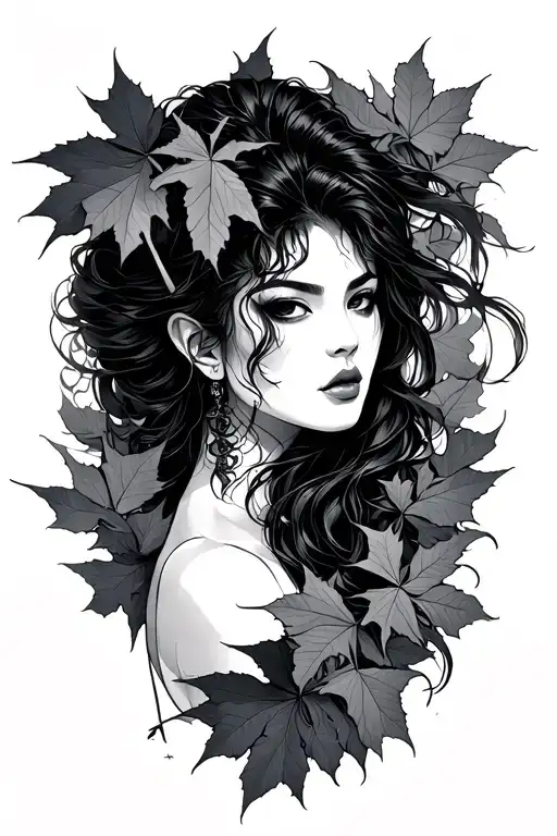 Demonic Asian Woman, Wu-Tang emblem, Japanese maple leaves, Ginkgo leaves tattoo design idea