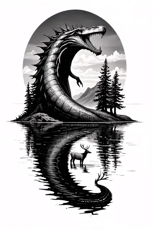 loch ness monster emerging, loch scene, trees, stags drinking out loch tattoo design idea