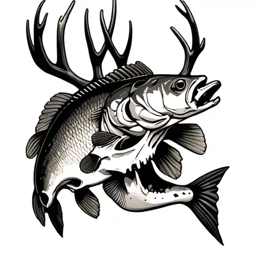 deer skull and bass fish tattoo design idea