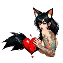 anime woman with black hair, tattoos, fox tail and fox ears stitching together a broken heart wrapped with fox tails tattoo design idea