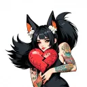 anime woman with black hair, tattoos, fox tail and fox ears stitching together a broken heart wrapped with fox tails tattoo design idea