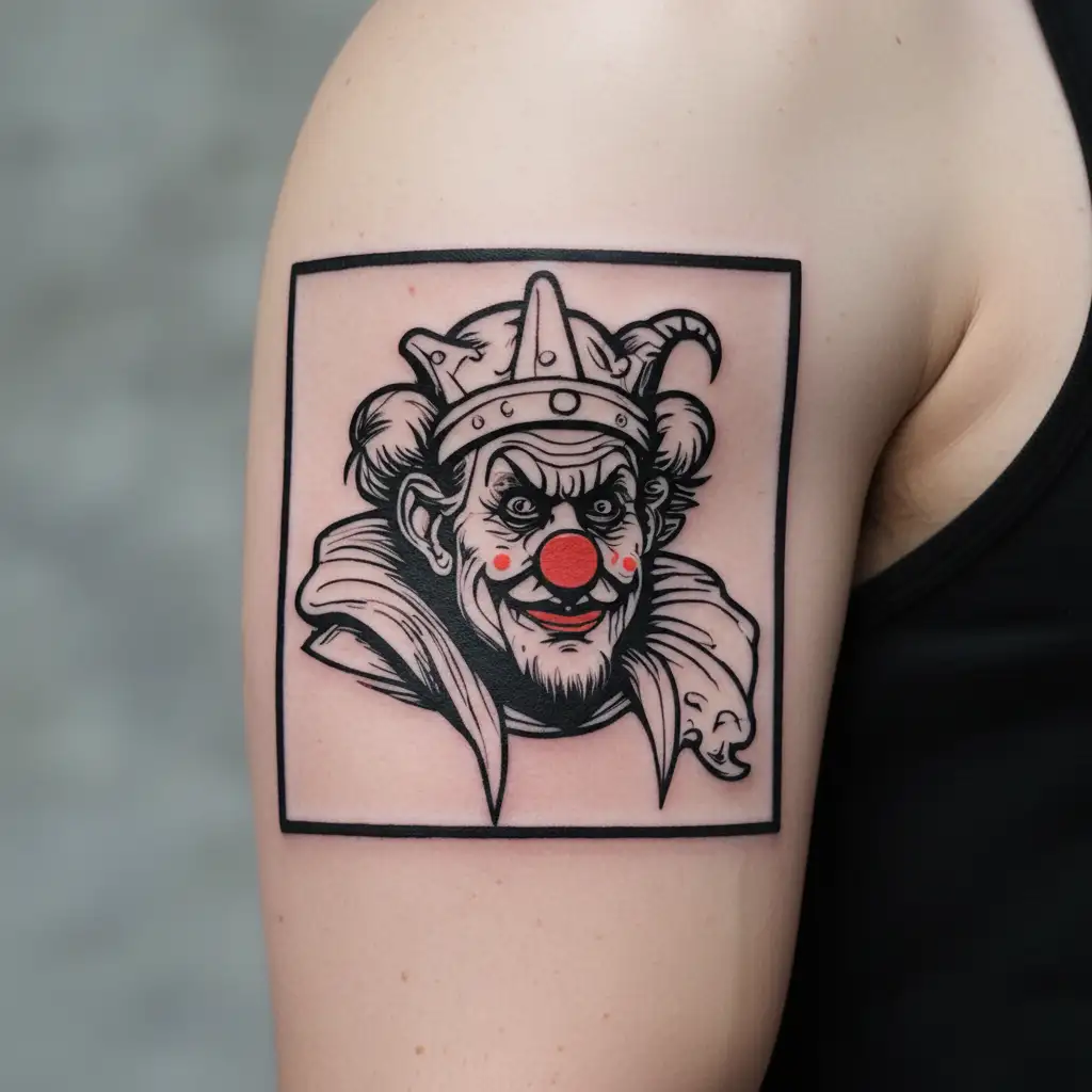 Sad clown face, wear medieval jester suit. sitting on the wooden chair tattoo design idea