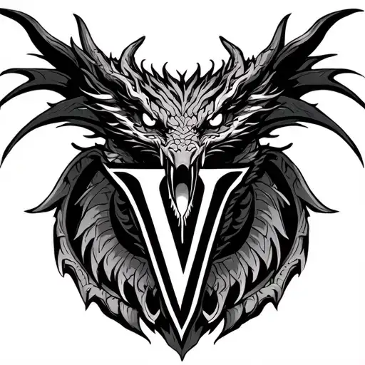 Western style Dragon, Mandala for Women, Blackout, Modern, menacing, the letter "V" prominently featured at center tattoo design idea