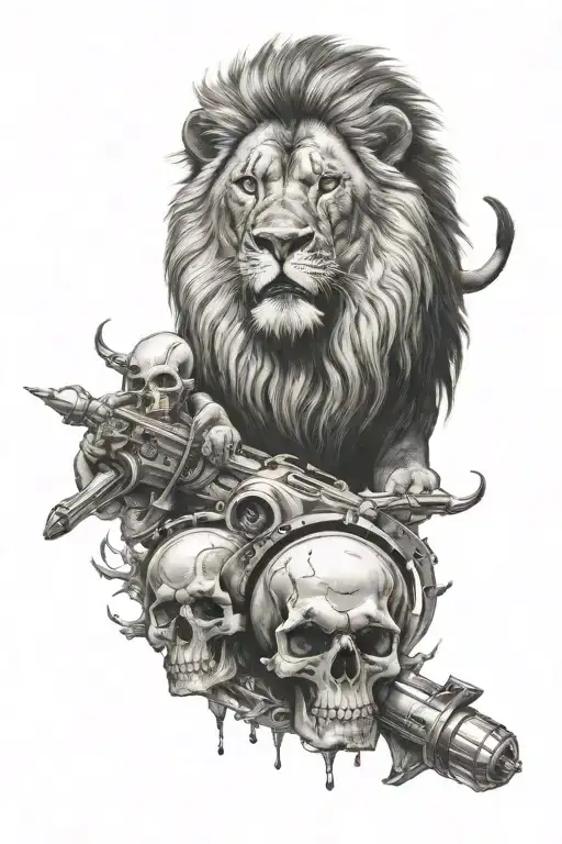 LION WITH SKULL WITH ROCKET tattoo design idea