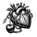 two cherries next to heart organ with chains wrapped around squeezing the middle tight tattoo design tattoo design idea
