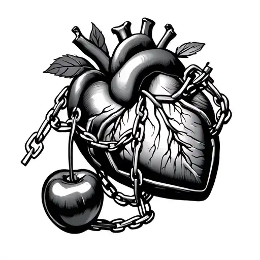 two cherries next to heart organ with chains wrapped around squeezing the middle tight tattoo design tattoo design idea