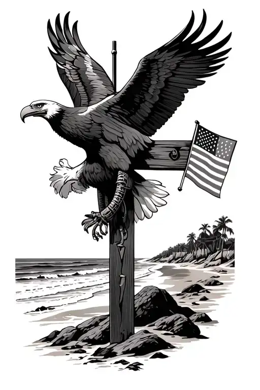 Firefighting cross with beach landscape, a bald eagle and Italian horn and American flag tattoo design idea