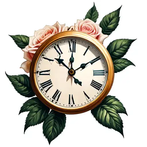 clock and rose tattoo design idea
