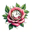 clock and rose tattoo design idea