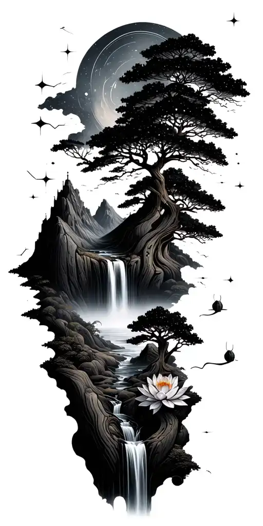 flowing collage of space constellation, Buddhist mountain, trees, waterfall, lotus, large mechanical gears of wood,  tattoo design idea