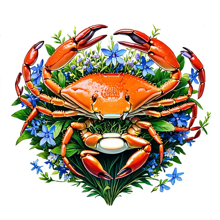 cancer zodiac crab holding bouquet of larkspur tattoo design idea
