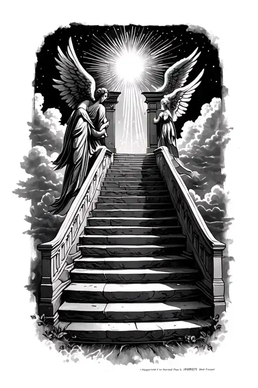 stairway to heaven walking up stairs angels sun rays clouds heaven gate at the top of the stairs  tattoo design idea