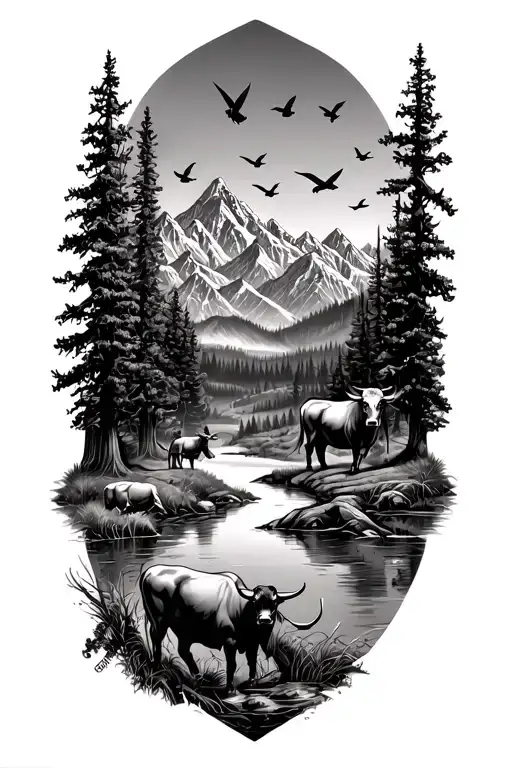 a western tattoo with mountains and a lot of trees with cowboy and bulls with a pond with ducks flying over it  tattoo design idea