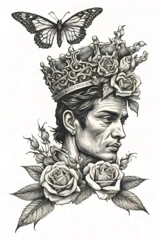 "fernando" with roses and a crown in old realisim  tattoo design idea