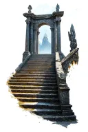 A majestic set of long, high stone stairs, each step weathered and ancient, leading up to the grand Asgard gate. The gat tattoo design idea