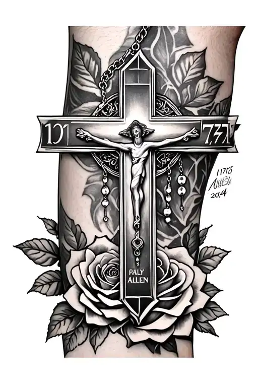 religious forearm sleeve featuring a Cross, rosary necklace, number 777, family name Allen, date 10/17/2004, roses. tattoo design idea