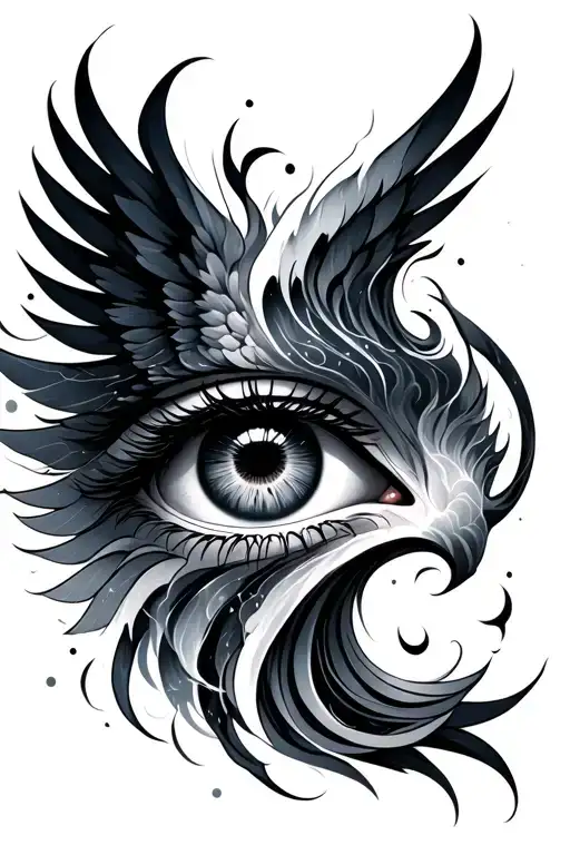 aurora waves, wings , eye surrounded , cool lining and details tattoo design idea