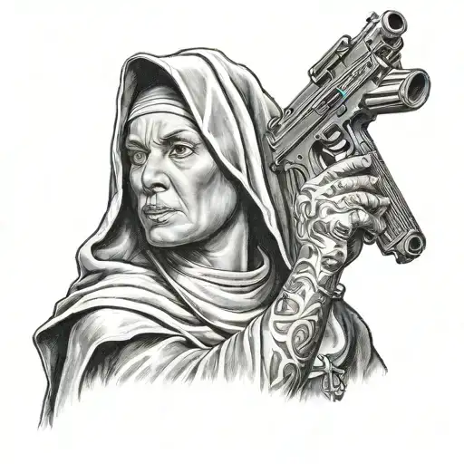 portrait of a nun with a gun in realism tattoo design idea