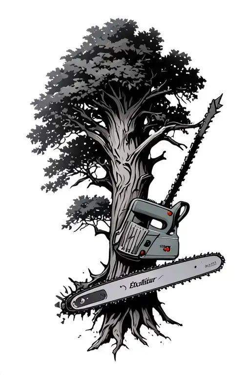 chainsaw sticking out of tree like Excalibur tattoo design idea