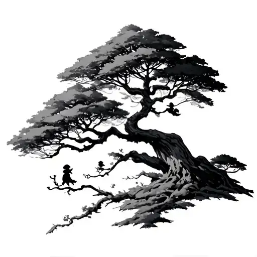 studio ghibli kodamas blowing in the wind on top of a tree tattoo design idea
