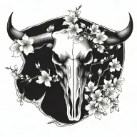 realistic  bull skull with cherry blossoms tattoo design idea
