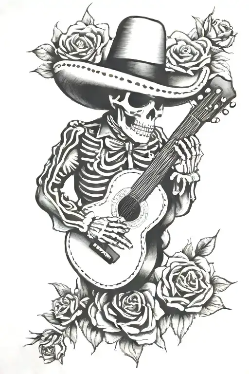 skeleton mariachi with roses tattoo design idea