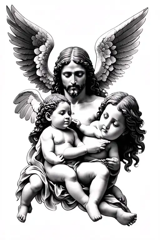 jesus + angel baby, black and grey tattoo design chicano style, hyperrealistic, full image, black background, no pencils tattoo design idea