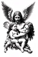 jesus + angel baby, black and grey tattoo design chicano style, hyperrealistic, full image, black background, no pencils tattoo design idea