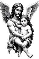 jesus + angel baby, black and grey tattoo design chicano style, hyperrealistic, full image, black background, no pencils tattoo design idea