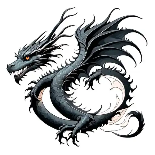 dragon, line art, elegant, elements, sun, moon, celestial tattoo design idea