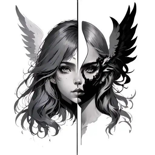 anime girl split face design angel and demon side tattoo design idea