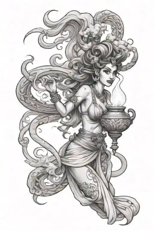 tattoo design, forearm, black and grey, female genie coming out the smoke of a wonder lamp, in a desert scenery with pal tattoo design idea