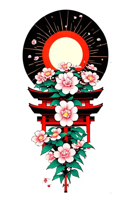 Japanese sun, Shinto shrine, flowers and bonsai branches in a wood block print style. tattoo design idea