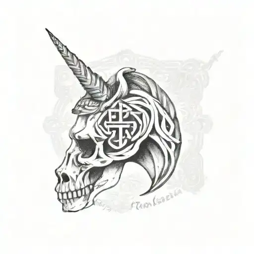  skull unicorn with celtic cross with the name Riley written inside it tattoo design idea