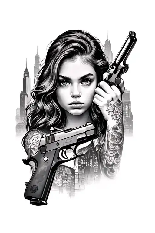 face of a girl with a pistol colt 1911, in the background a city sleeve filling the entire arm tattoo design idea