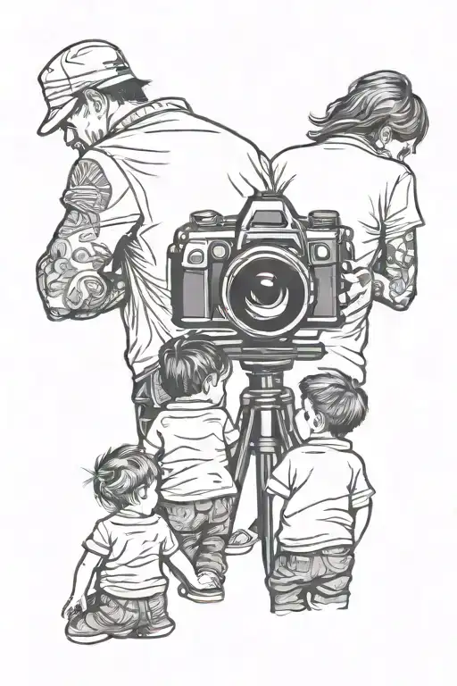 father mother and two sons rear view though camera lens tattoo design idea