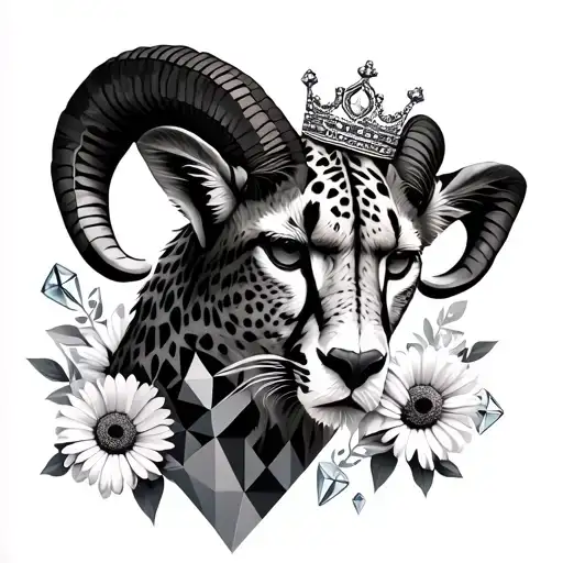 part realism part geometric tattoo. Real ram face other half geometric cheetah. daisies, diamonds, crown. tattoo design idea