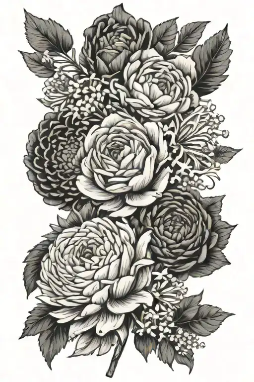 A tattoo of a hawthorn, rose, aster, and chrysanthemum, black and white, roughly 5x3 tattoo design idea
