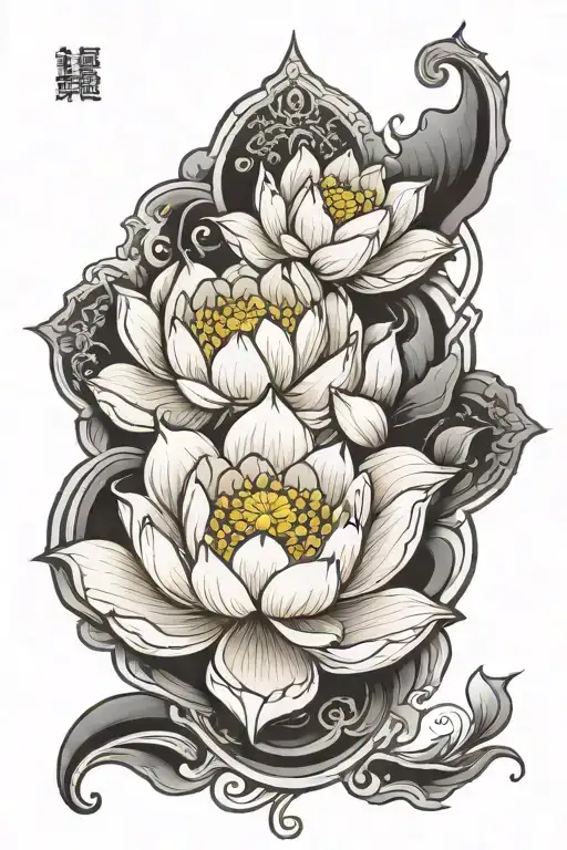 white lotus and buddhist prayer written tattoo design idea