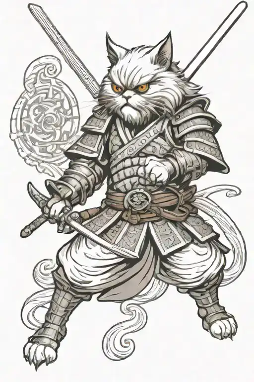 persian cat samurai warrior battling tattoo design idea