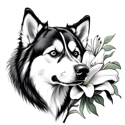 half husky half lily flower tattoo design idea
