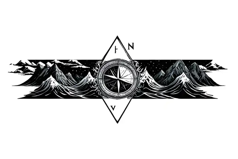large compass surrounded by intricate geometric mountains and crashing waves, black and white, add triangle frame tattoo design idea