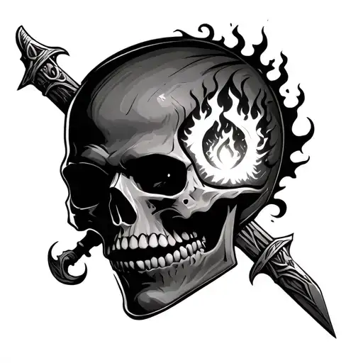 Skull with a burning man in one eye socket with a knights sword straight up and down through it tattoo design idea