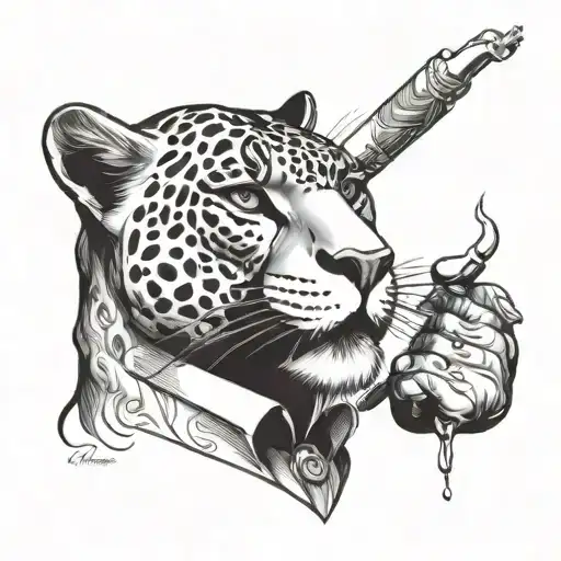 A sleek and stylish panther smoking a cigar, symbolizing confidence and wealth tattoo design idea