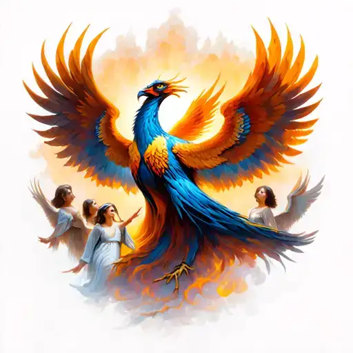 Phoenix in transformation surrounds 5 angels in protection integrate into his feathers. The ashes represents my blessed tattoo design idea