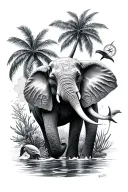 Arm sleeve, Elephant, palm tree, compass, flamingos, turtle, diver, corals reef, dolphins, maps tattoo design idea