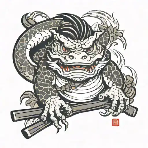 kappa Omini logo, make the people as realistic, and make them samurai wilding katanas tattoo design idea