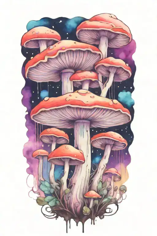 trippy wood-loving mushroom mural with universe inside. inky black lines. tincture vivid and colorful. melty tattoo design idea